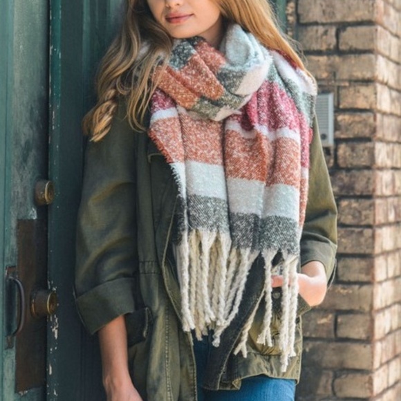 felicias Accessories - NWT Olive Ultra Soft Striped Tassel Scarf